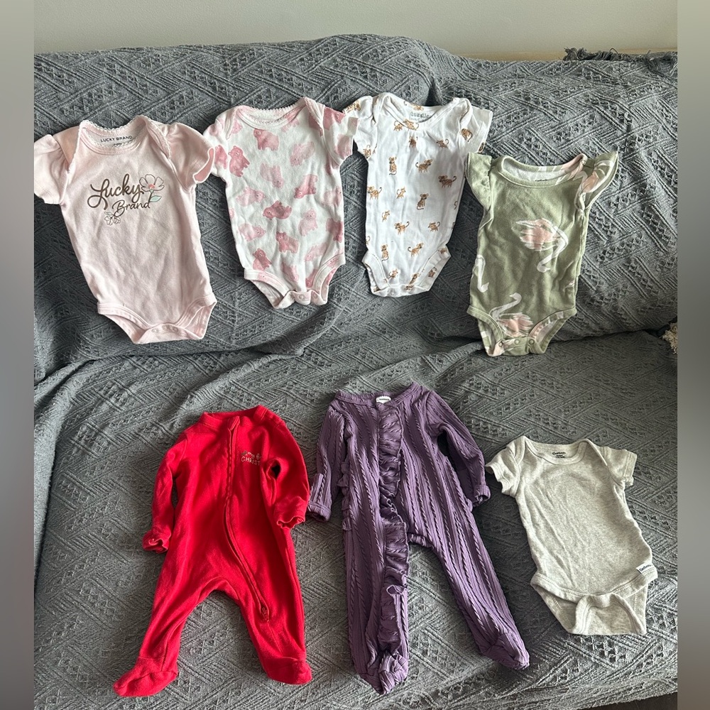 Lucky Brand Baby Bodysuits in Pink, Red, Purple, and Green